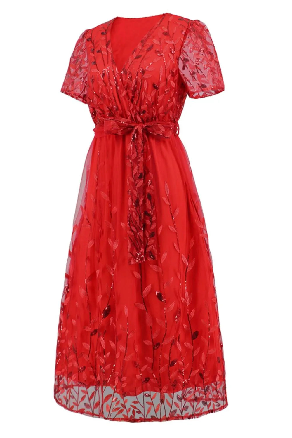 Sequin Leaf Embroidery Tie Front Short Sleeve Dress – Trendsi | ClozArt