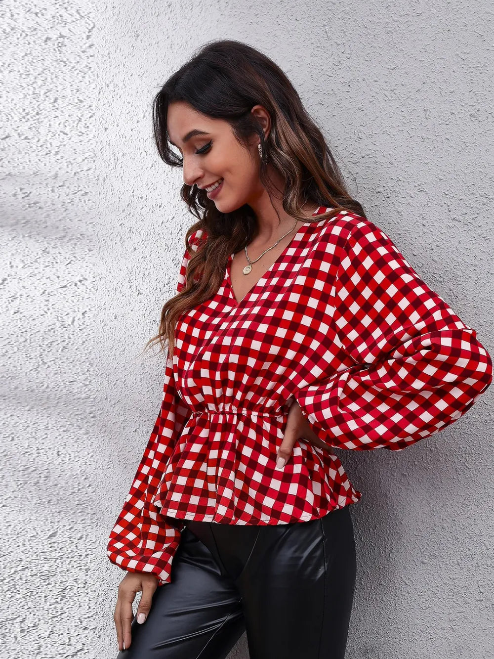 Plaid V-Neck Balloon Sleeve Peplum Blouse – Trendsi | ClozArt