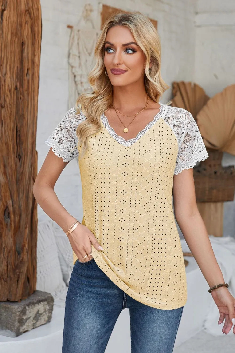 Eyelet V-Neck Lace Short Sleeve T-Shirt – Trendsi | ClozArt