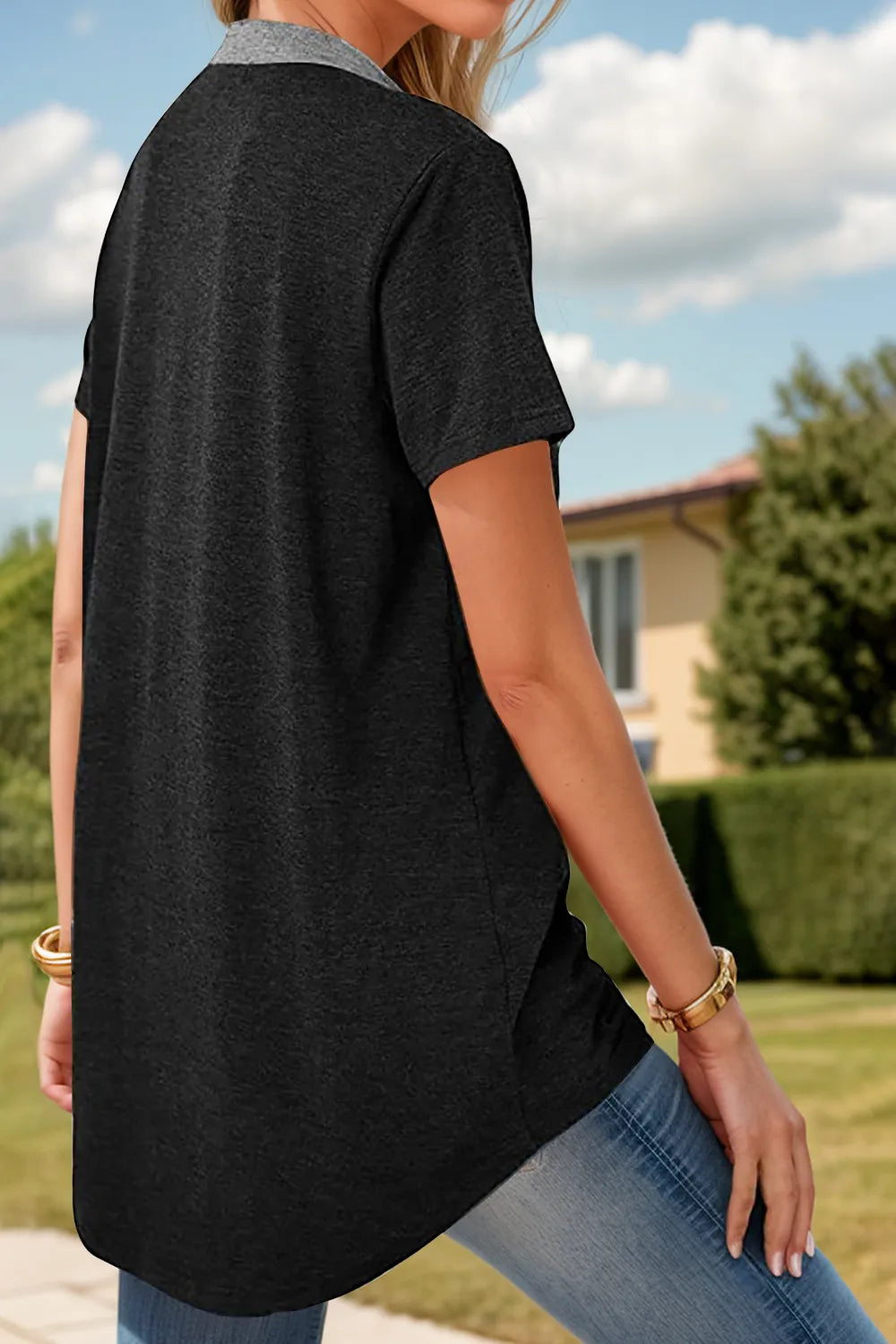 Full Size Half Button Short Sleeve T-Shirt – Trendsi | ClozArt