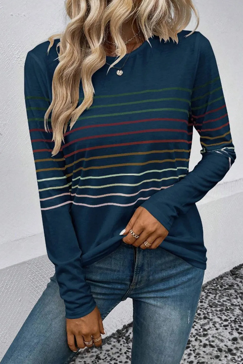 Striped Round Neck Long Sleeve T-Shirt – Trendsi | ClozArt