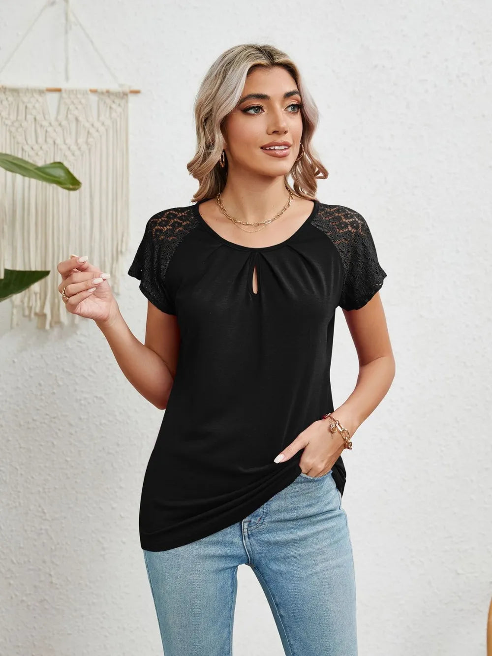 Lace Detail Round Neck Short Sleeve T-Shirt – Trendsi | ClozArt