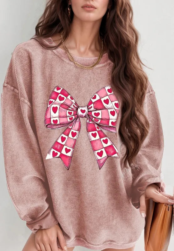 Valentine’s Day Bow Drop Shoulder Long Sleeve Sweatshirt – Trendsi | ClozArt