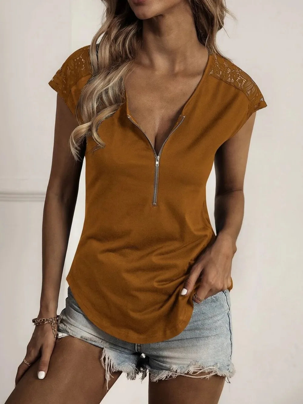 Lace Detail Half Zip Cap Sleeve T-Shirt – Trendsi | ClozArt