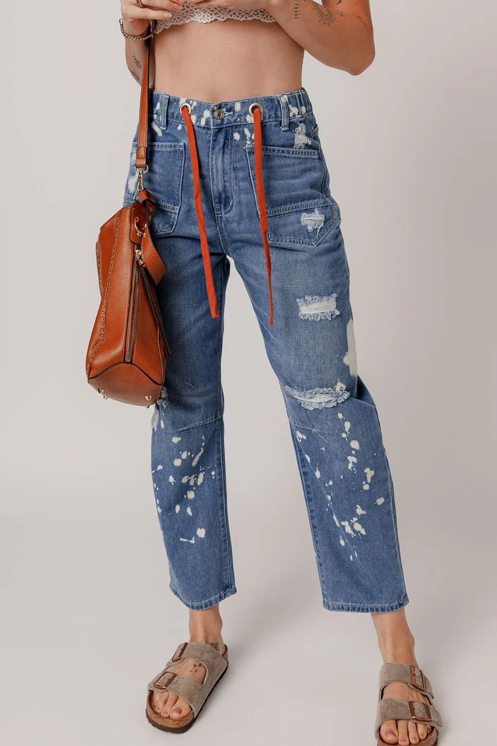 Distressed Splattering Paint Rope Waist Cropped Straight Jeans – Trendsi | ClozArt