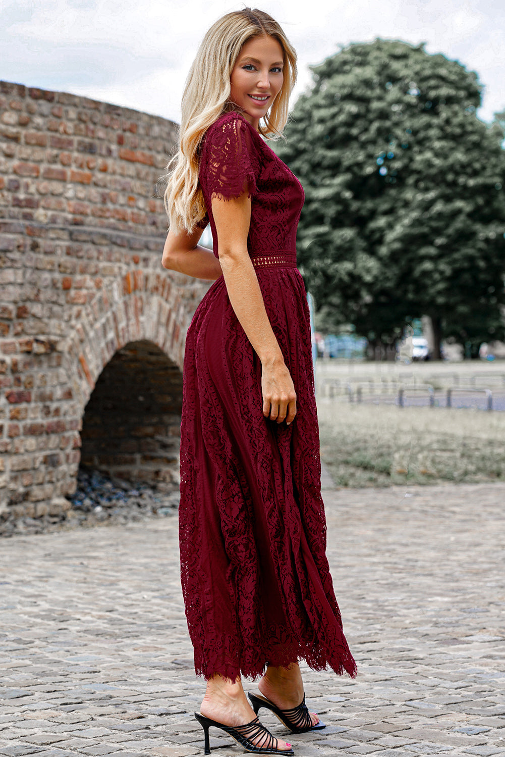 Scalloped Trim Lace Plunge Dress – Trendsi | ClozArt