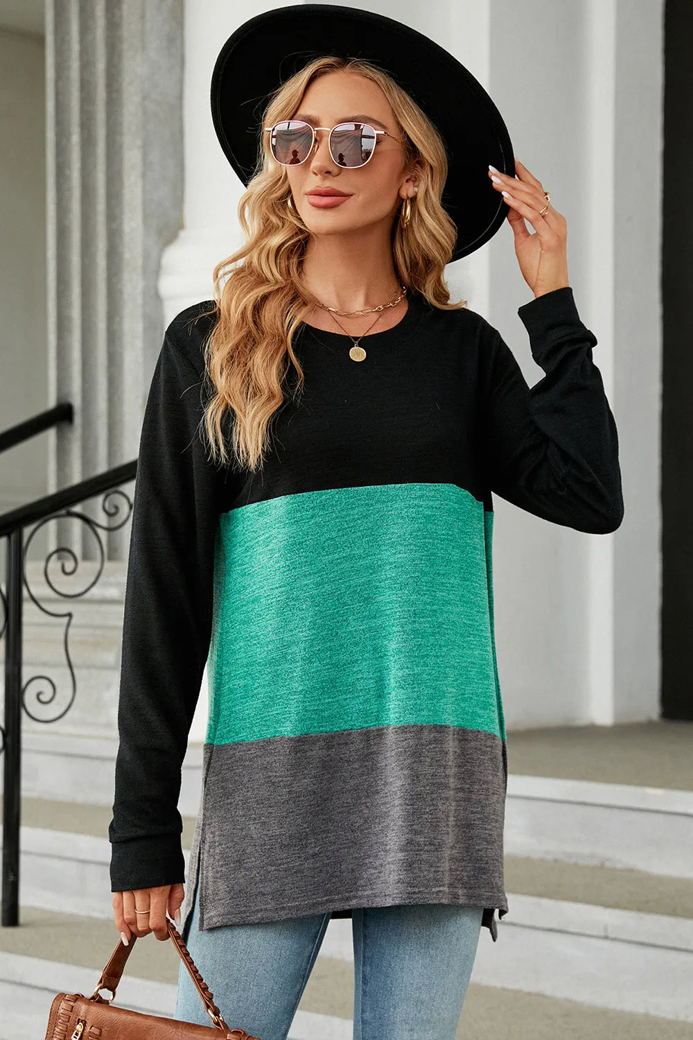 Color Block Round Neck Long Sleeve T-Shirt – Trendsi | ClozArt