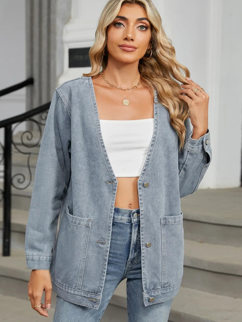 Pocketed V-Neck Button Up Denim Jacket – Trendsi | ClozArt