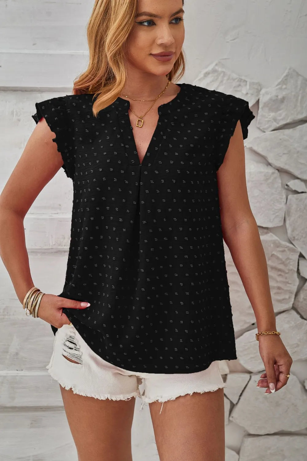 Swiss Dot Ruffled Cap Sleeve T-Shirt – Trendsi | ClozArt