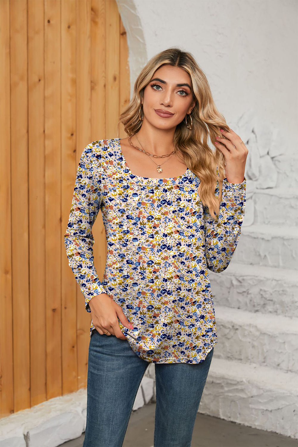 Printed Square Neck Long Sleeve Blouse – Trendsi | ClozArt
