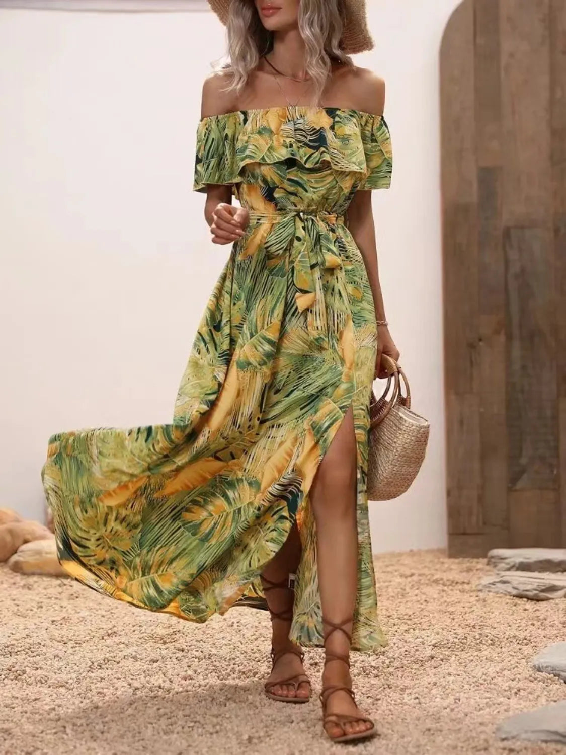 Ruffled Printed Off Shoulder Maxi Dress – Trendsi | ClozArt