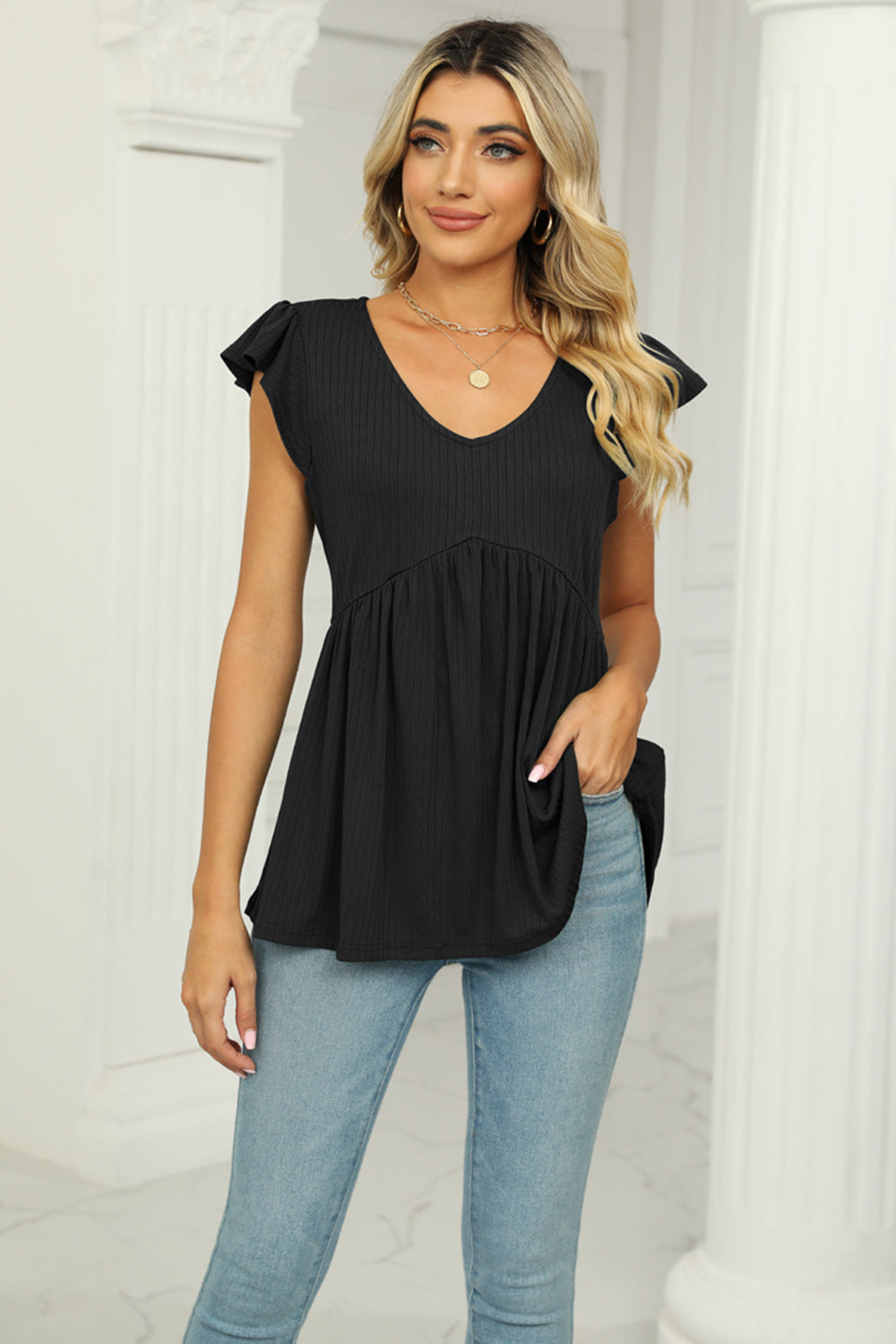 V-Neck Flutter Sleeve Babydoll Blouse – Trendsi | ClozArt