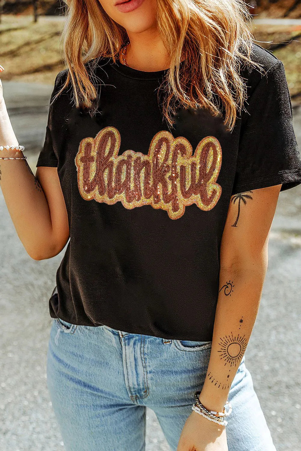 THANKFUL Sequin Round Neck Short Sleeve T-Shirt – Trendsi | ClozArt