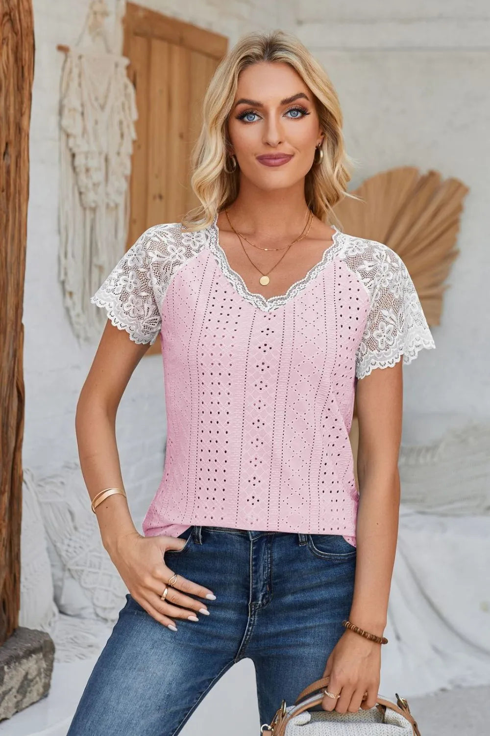 Eyelet V-Neck Lace Short Sleeve T-Shirt – Trendsi | ClozArt