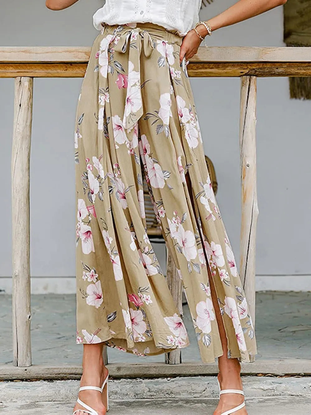 Tied Waist Slit Floral Wide leg Pants – Trendsi | ClozArt