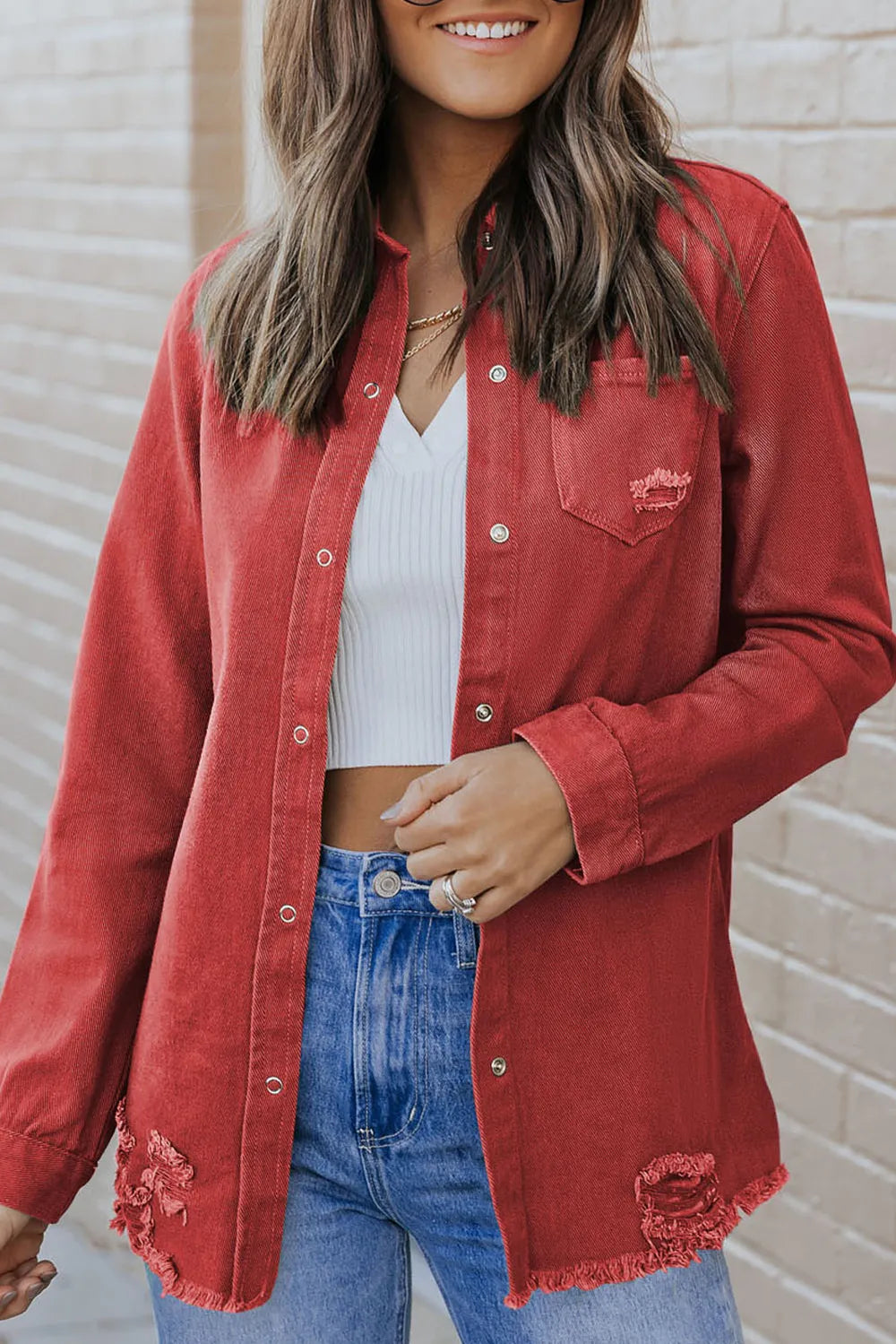 Distressed Raw Hem Snap Down Denim Jacket – Trendsi | ClozArt