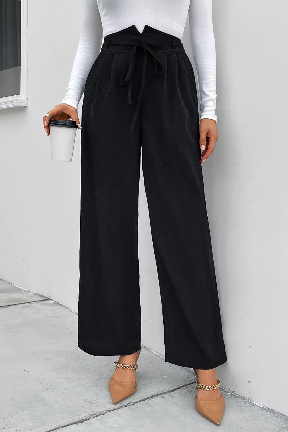 Perfee High Waist Ruched Tie Front Wide Leg Pants – Trendsi | ClozArt