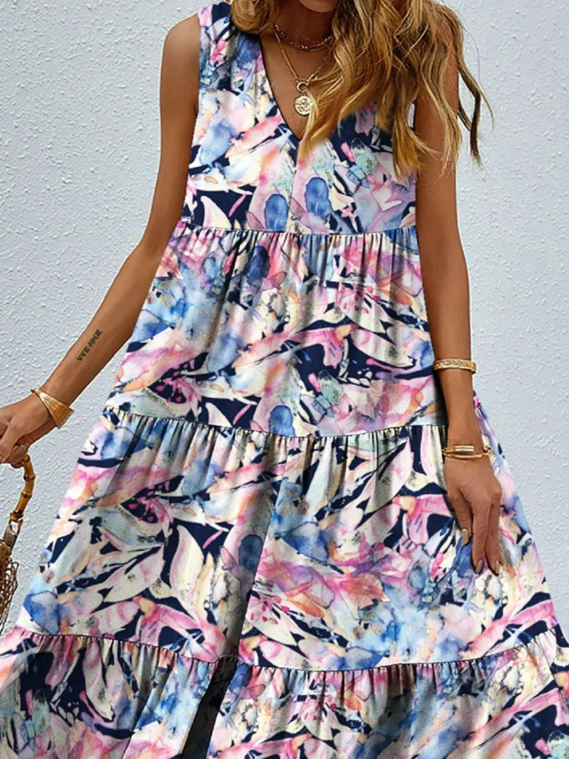 Printed V-Neck Tiered Maxi Tank Dress – Trendsi | ClozArt