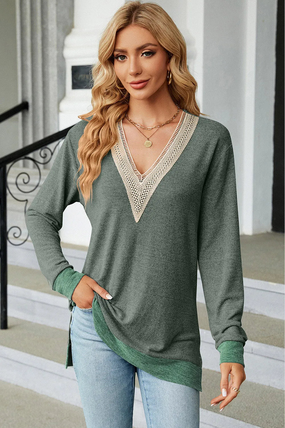 Slit V-Neck Long Sleeve T-Shirt – Trendsi | ClozArt