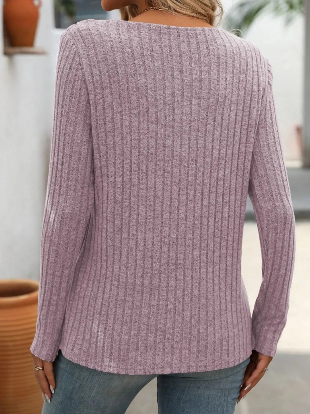 Mandy Ribbed V-Neck Long Sleeve T-Shirt – Trendsi | ClozArt
