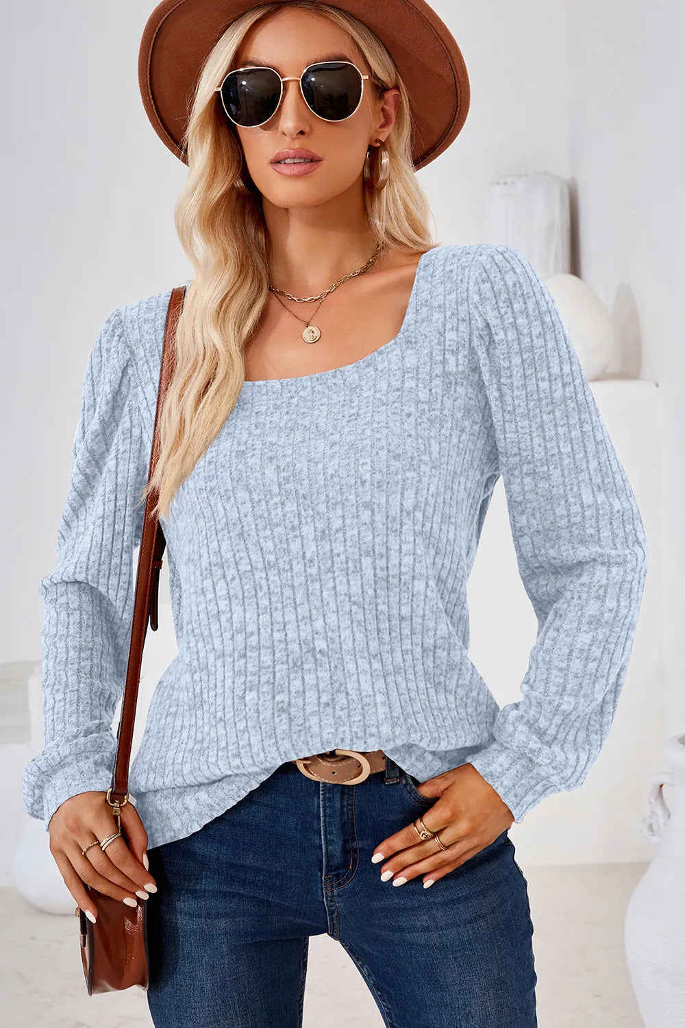 Ribbed Square Neck Long Sleeve T-Shirt – Trendsi | ClozArt