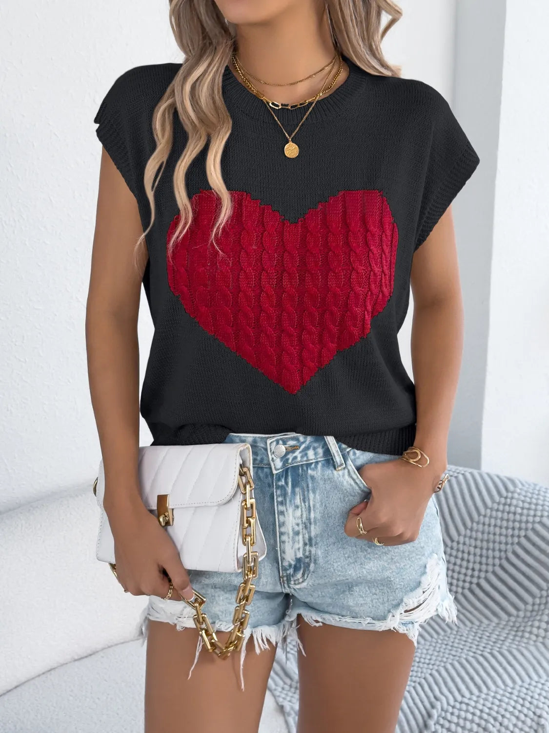 Cable Knit Heart Round Neck Cap Sleeve Knit Top – Trendsi | ClozArt