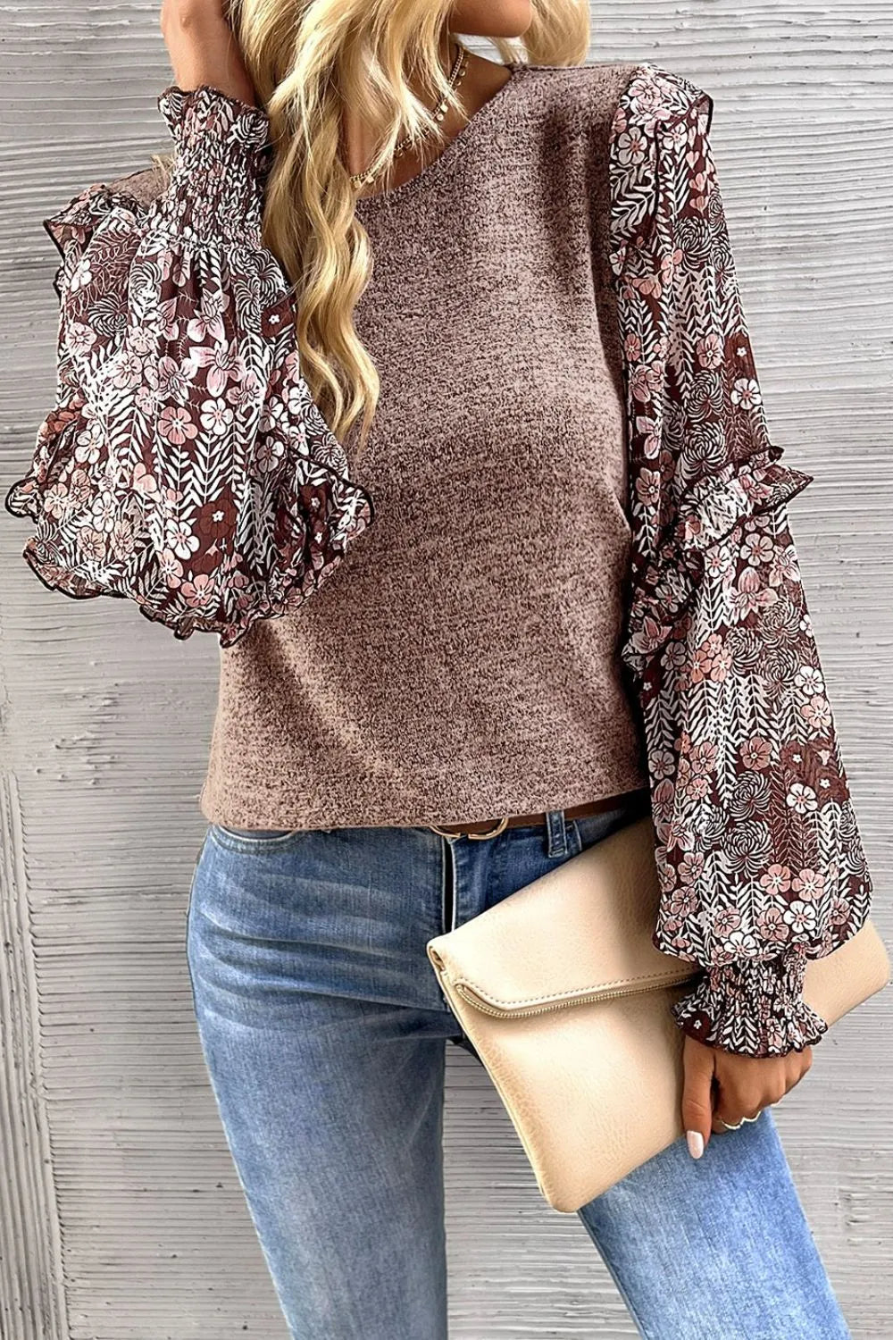 Heathered Floral Frill Lantern Sleeve Blouse – Trendsi | ClozArt