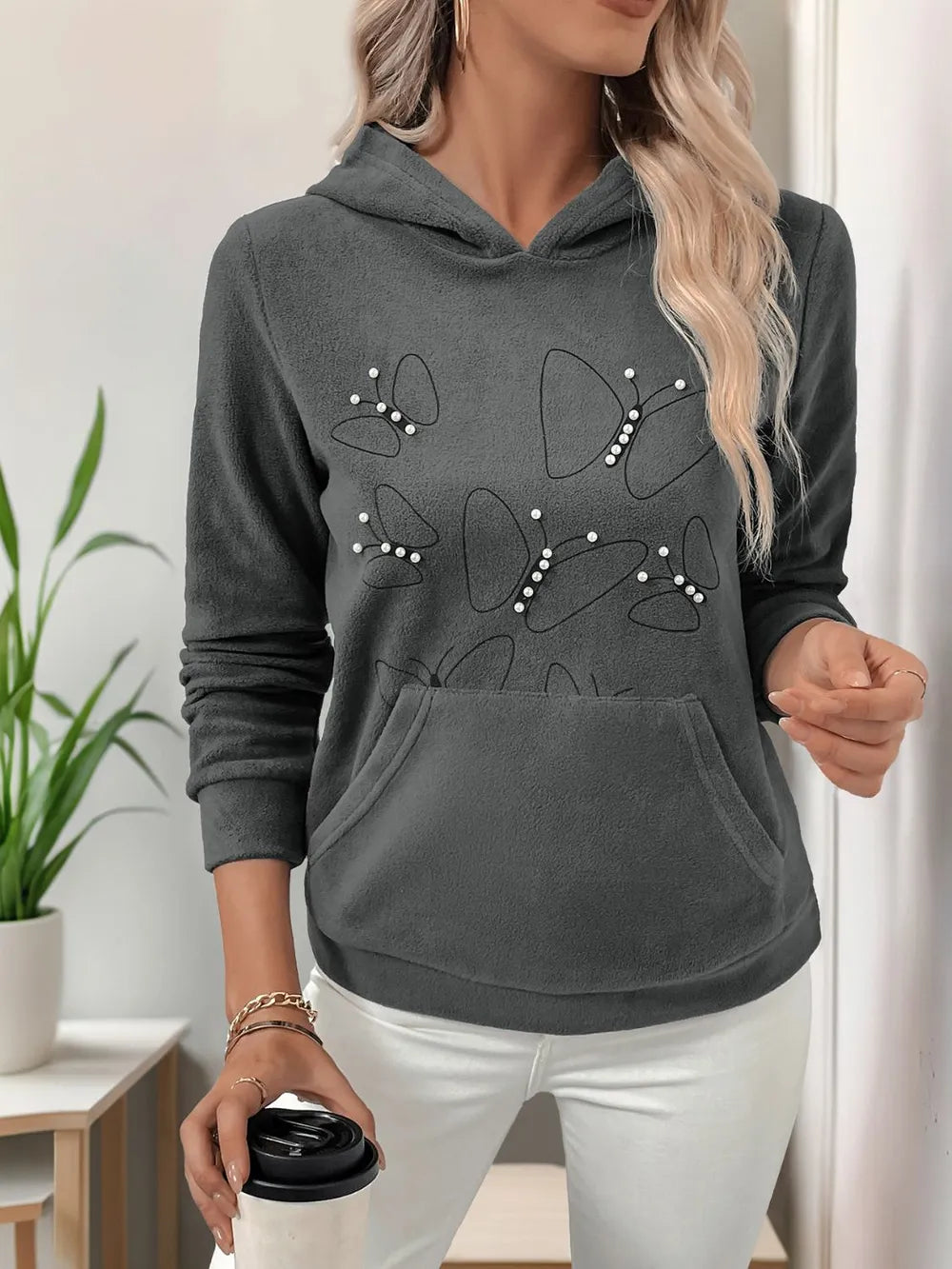 Perfee Pearl Butterfly Long Sleeve Hoodie – Trendsi | ClozArt