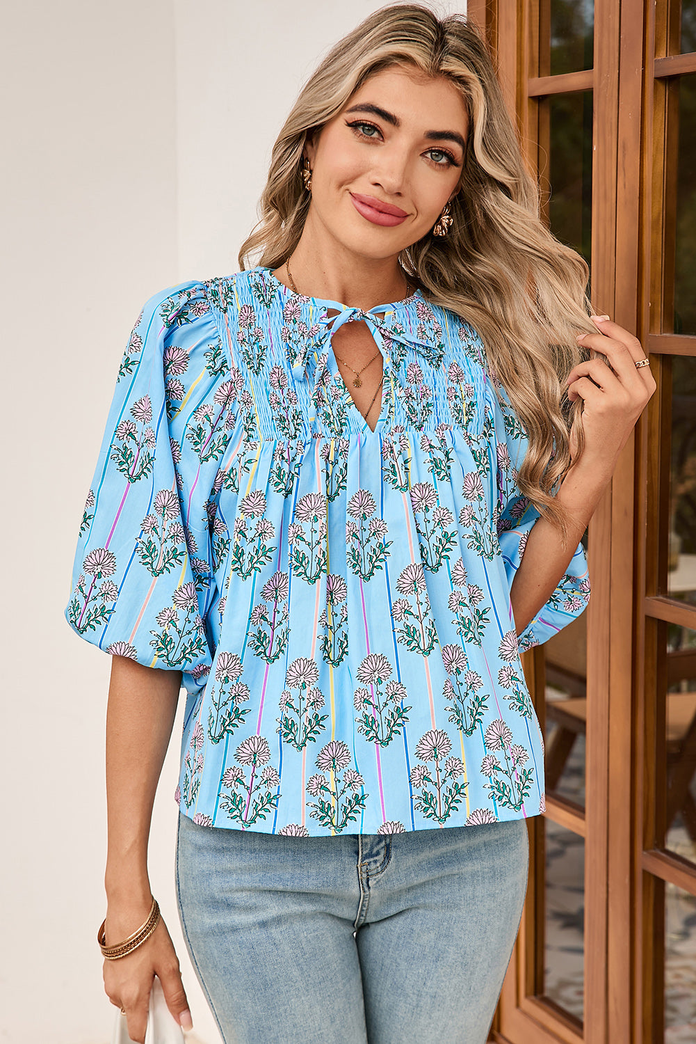 Sky Blue Floral Striped Smocked V Neck Blouse – Shewin | ClozArt