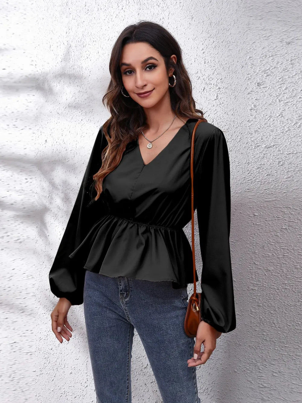 V-Neck Balloon Sleeve Peplum Blouse – Trendsi | ClozArt