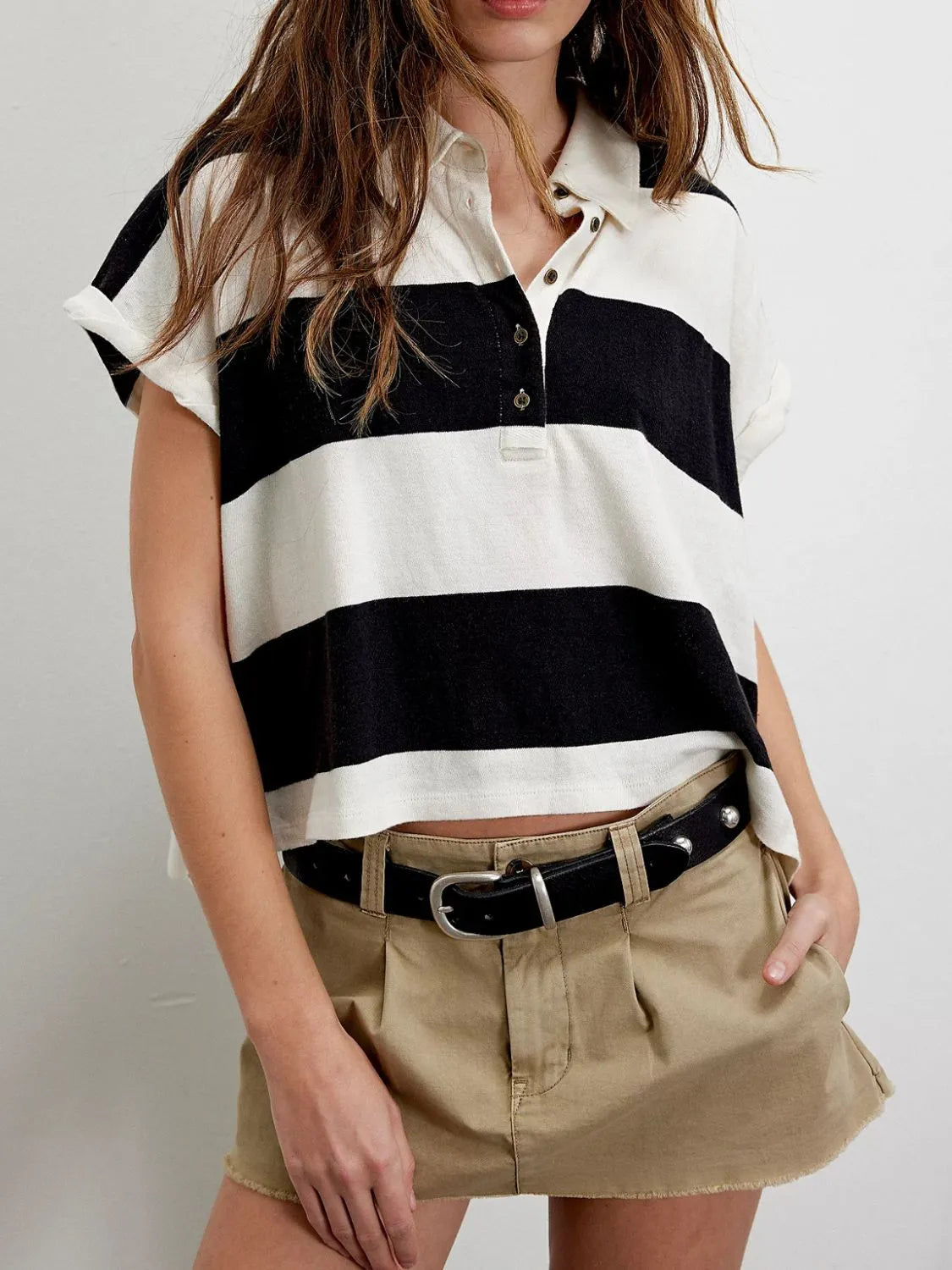 Striped Collared Neck Short Sleeve Top – Trendsi | ClozArt