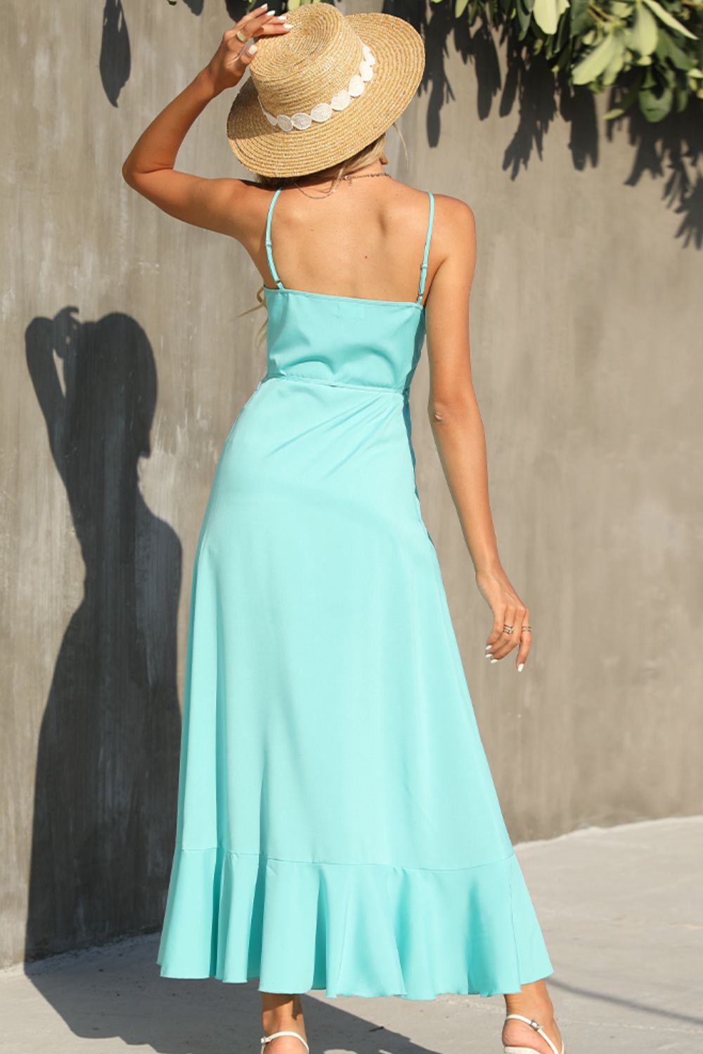 Shiny Decorative Button Spaghetti Strap Ruffle Hem Dress – Trendsi | ClozArt