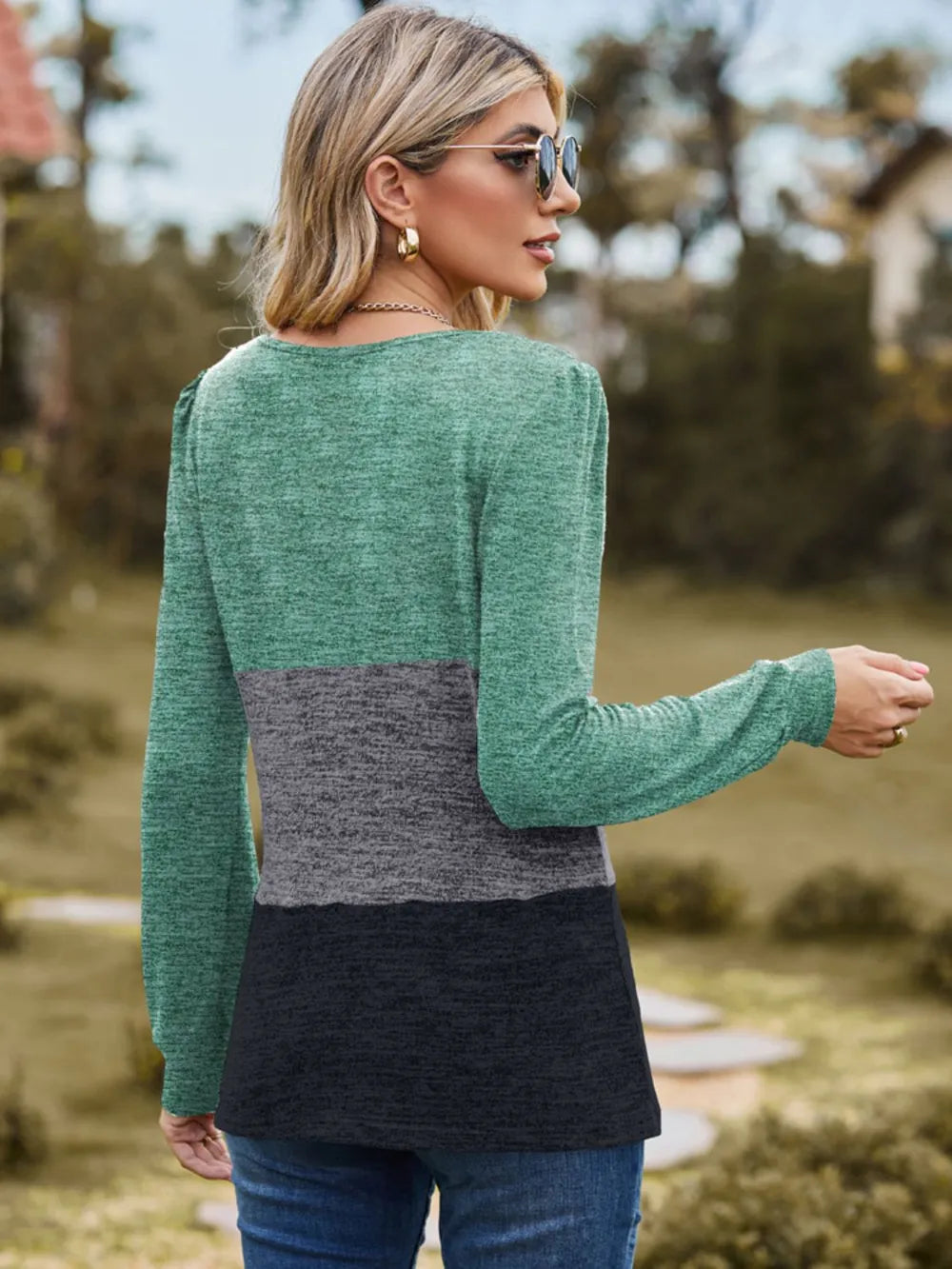 Color Block Square Neck Long Sleeve T-Shirt – Trendsi | ClozArt