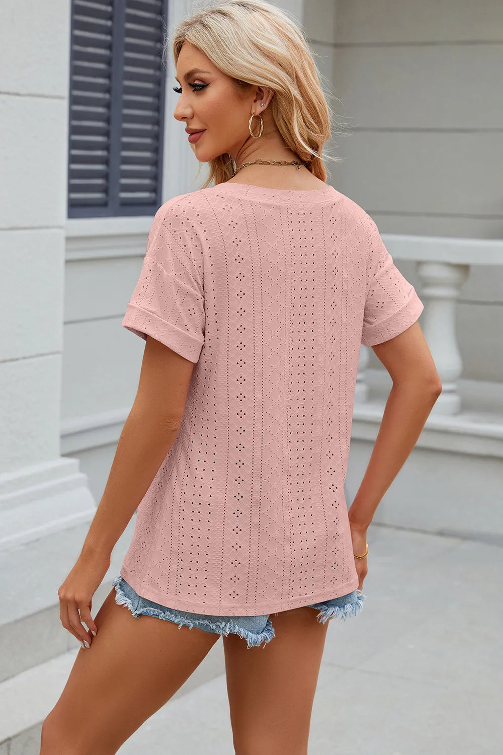 Eyelet V-Neck Short Sleeve T-Shirt – Trendsi | ClozArt