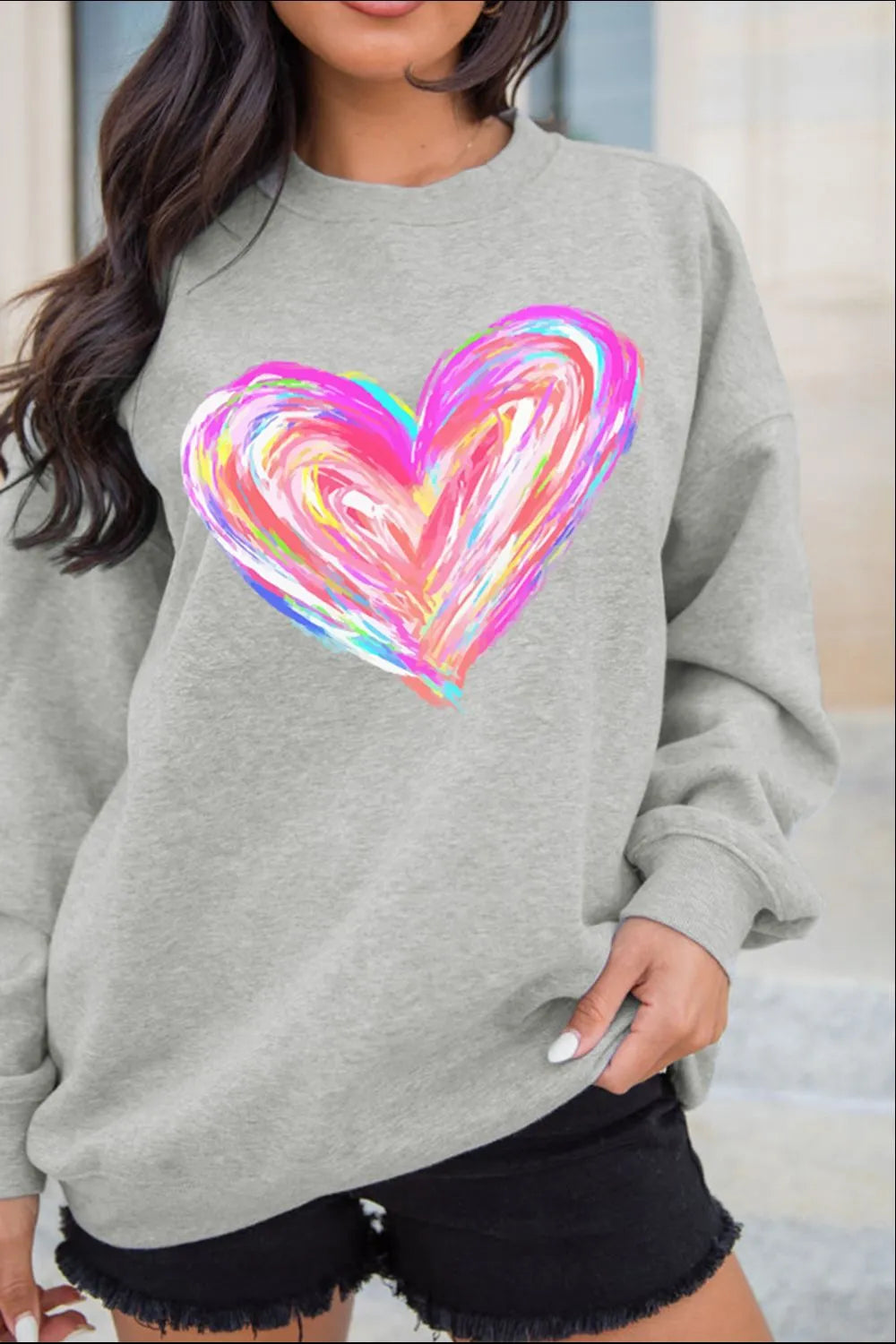 Valentine’s Day Heart Round Neck Drop Shoulder Sweatshirt – Trendsi | ClozArt