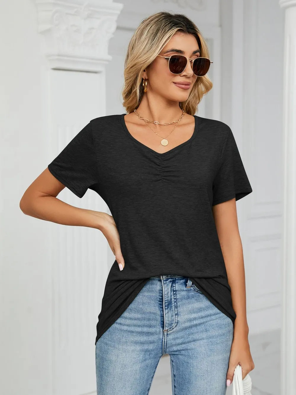 Ruched V-Neck Short Sleeve T-Shirt – Trendsi | ClozArt