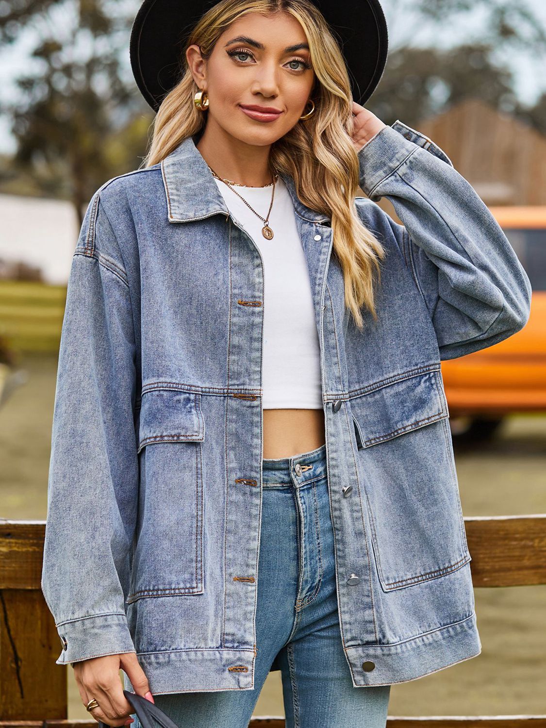 Dropped Shoulder Denim Jacket with Pockets – Trendsi | ClozArt