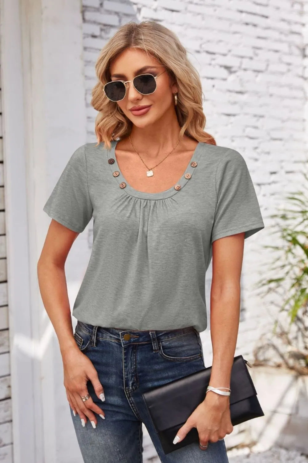 Decorative Button Scoop Neck T-Shirt – Trendsi | ClozArt