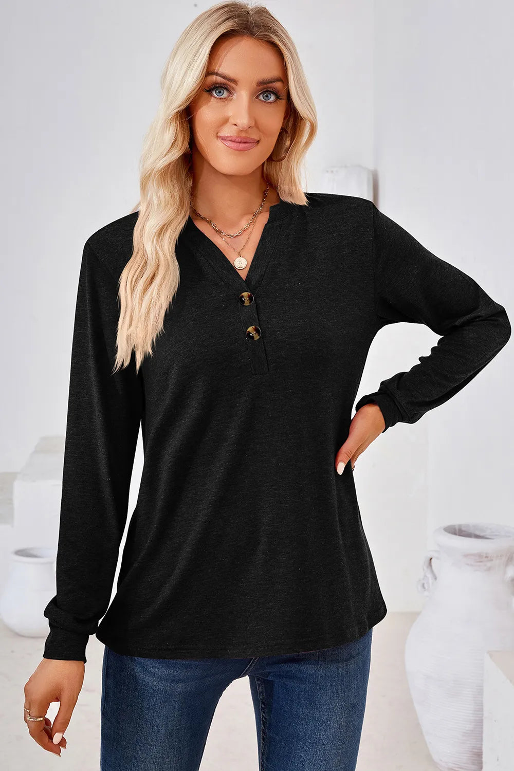 Notched Long Sleeve T-Shirt – Trendsi | ClozArt
