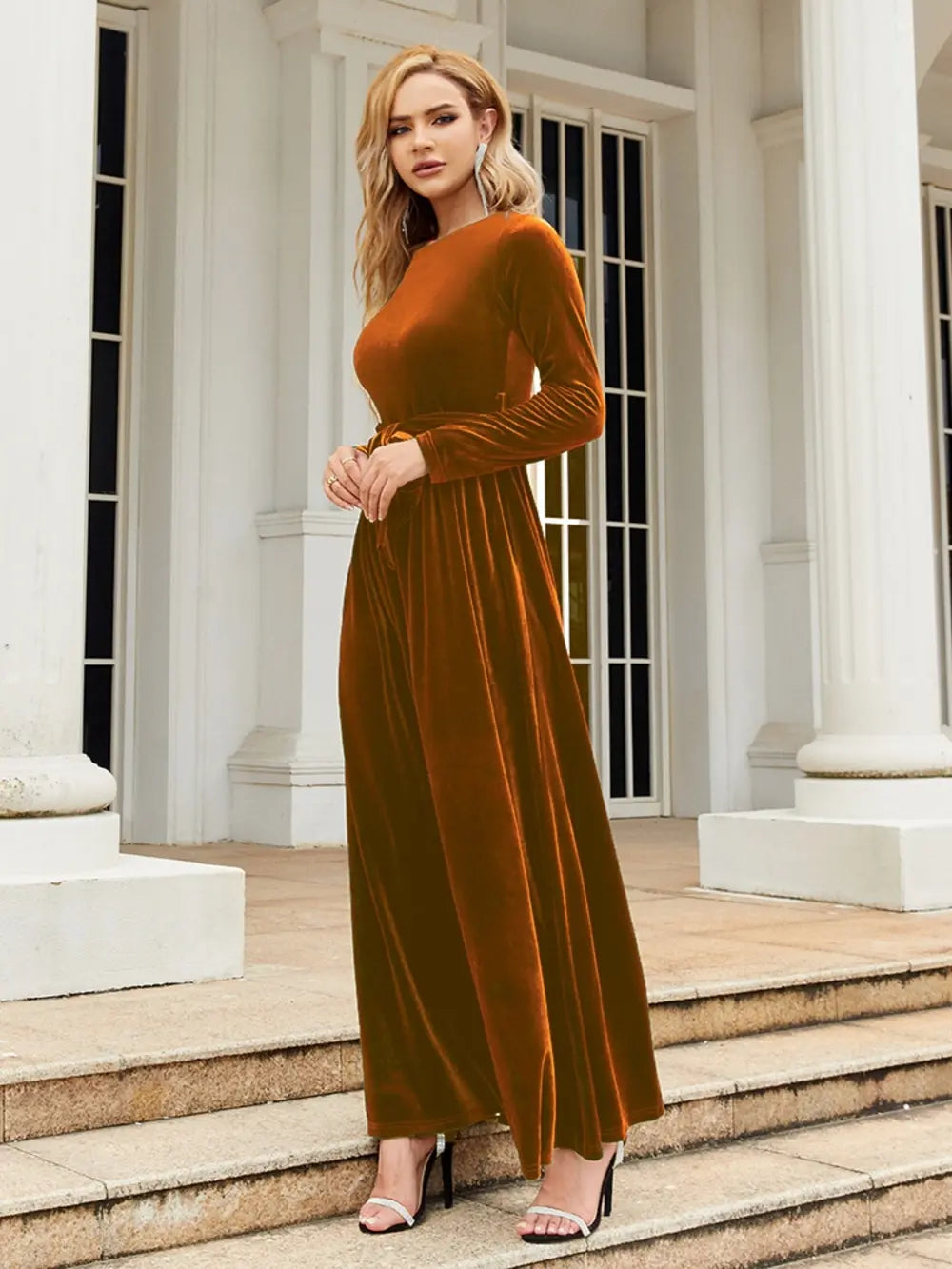 Tie Front Round Neck Long Sleeve Maxi Dress – Trendsi | ClozArt