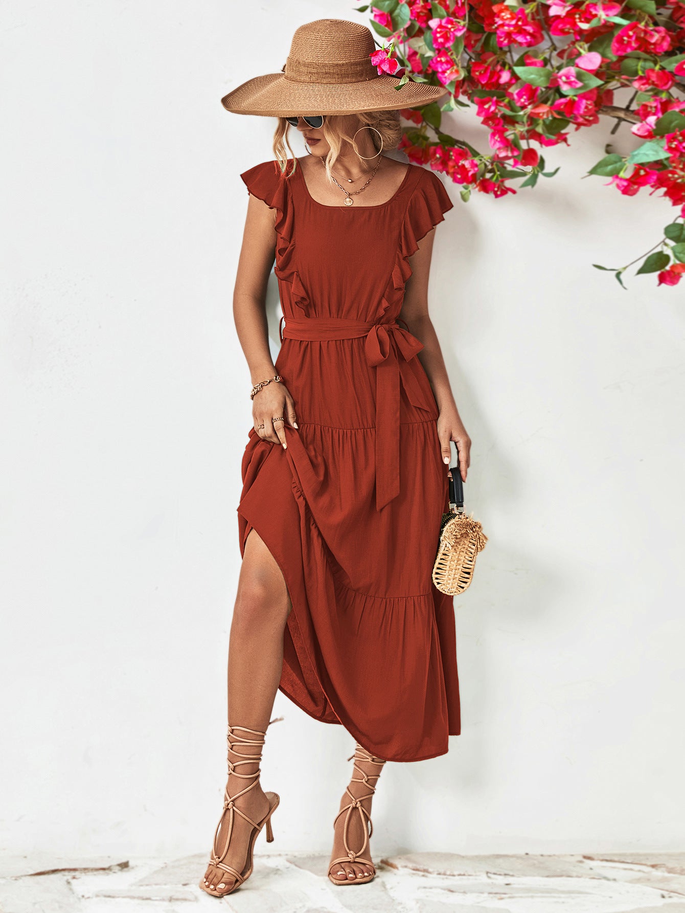Tie Belt Ruffled Tiered Dress – Trendsi | ClozArt