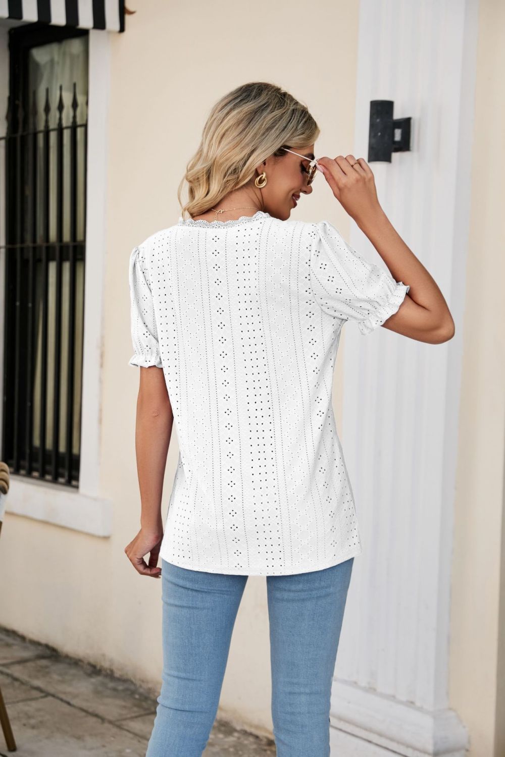 Eyelet Flounce Sleeve Scalloped V-Neck Top – Trendsi | ClozArt