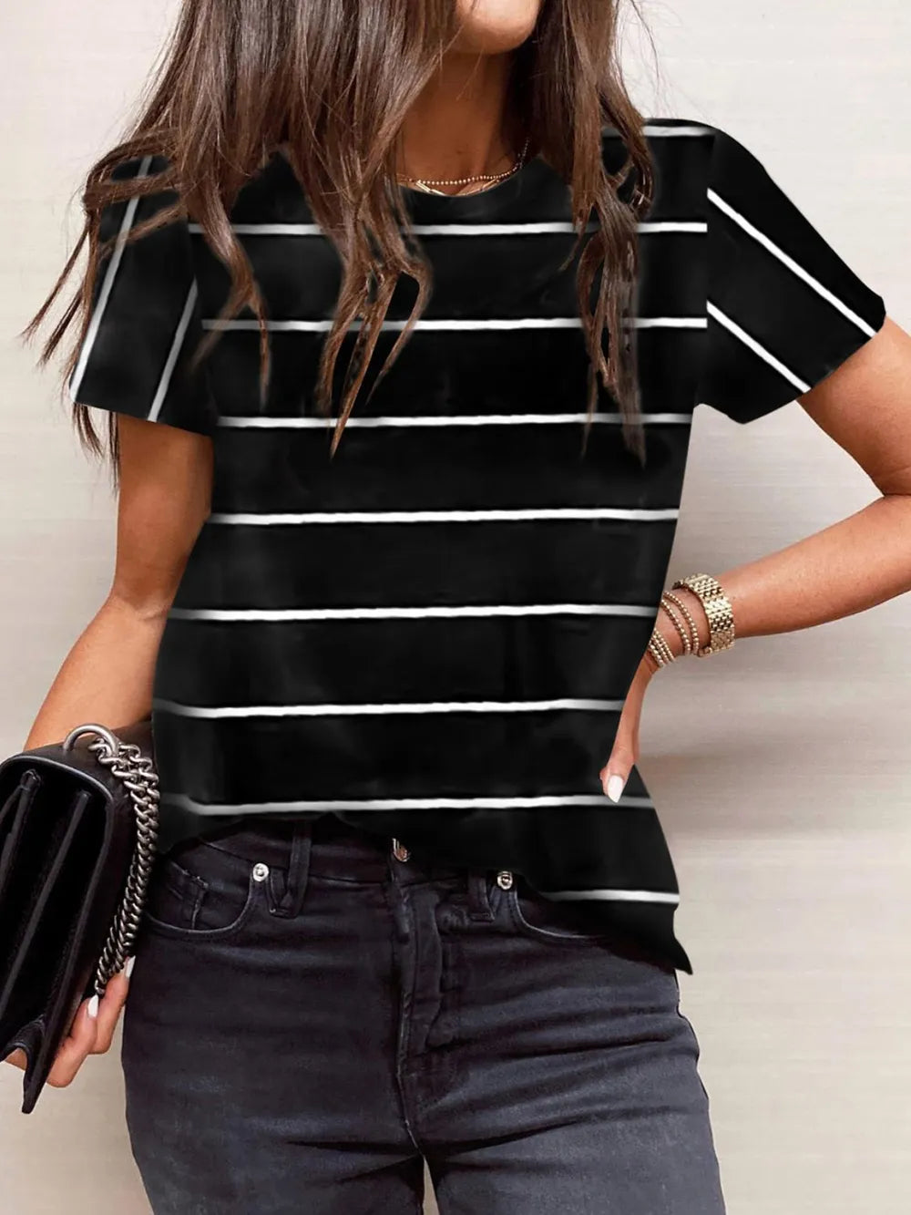 Striped Round Neck Short Sleeve T-Shirt – Trendsi | ClozArt