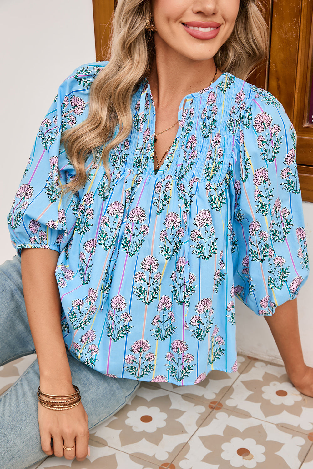 Sky Blue Floral Striped Smocked V Neck Blouse – Shewin | ClozArt