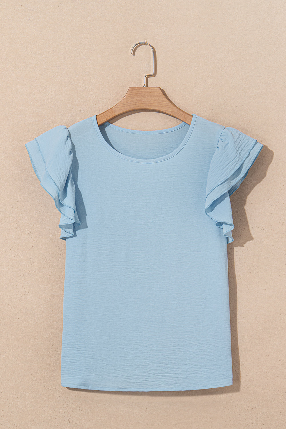 Mist Blue Solid Color Ruffle Sleeve Crinkled Blouse – Shewin | ClozArt