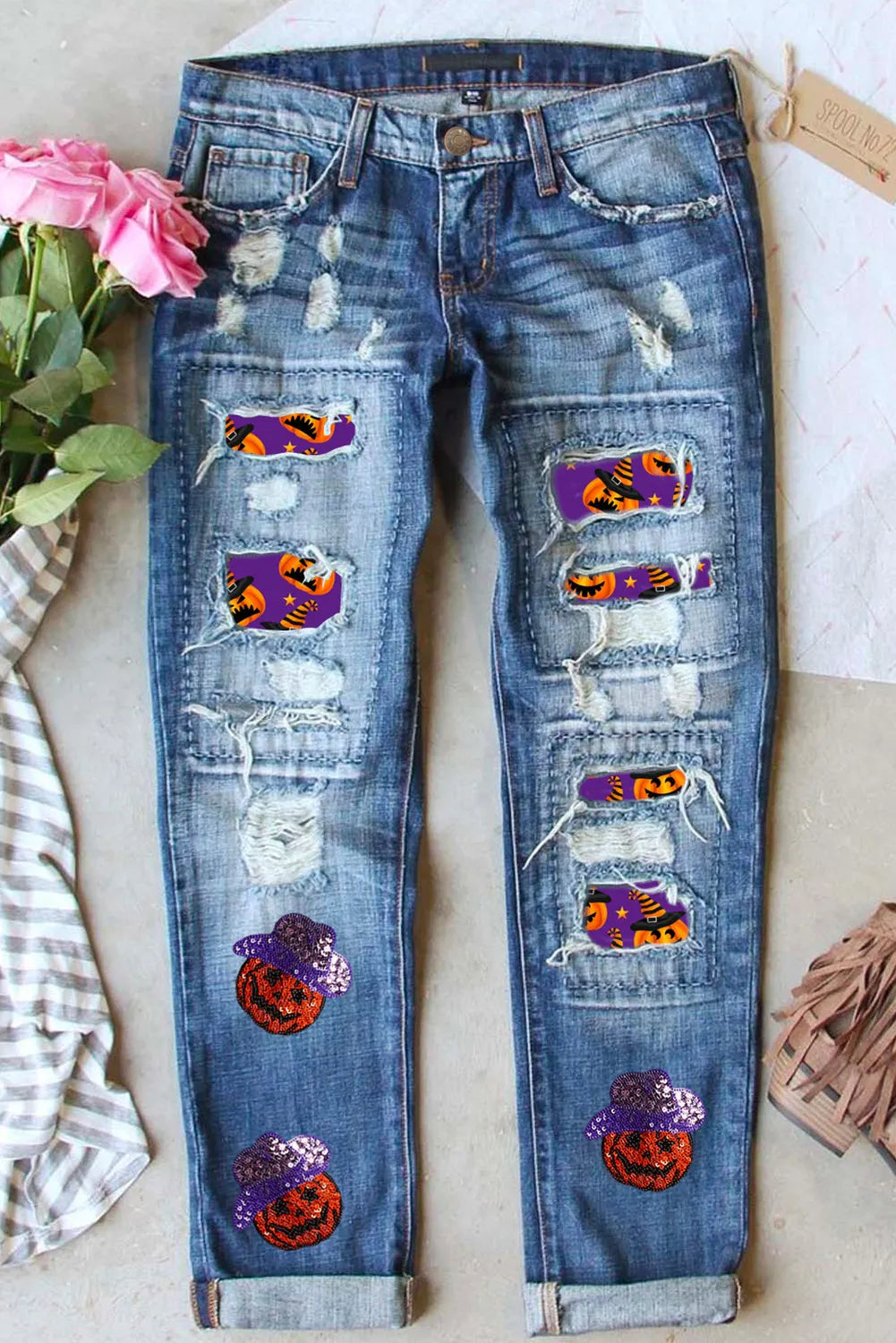 Distressed Sequin Pumpkin Jeans – Trendsi | ClozArt