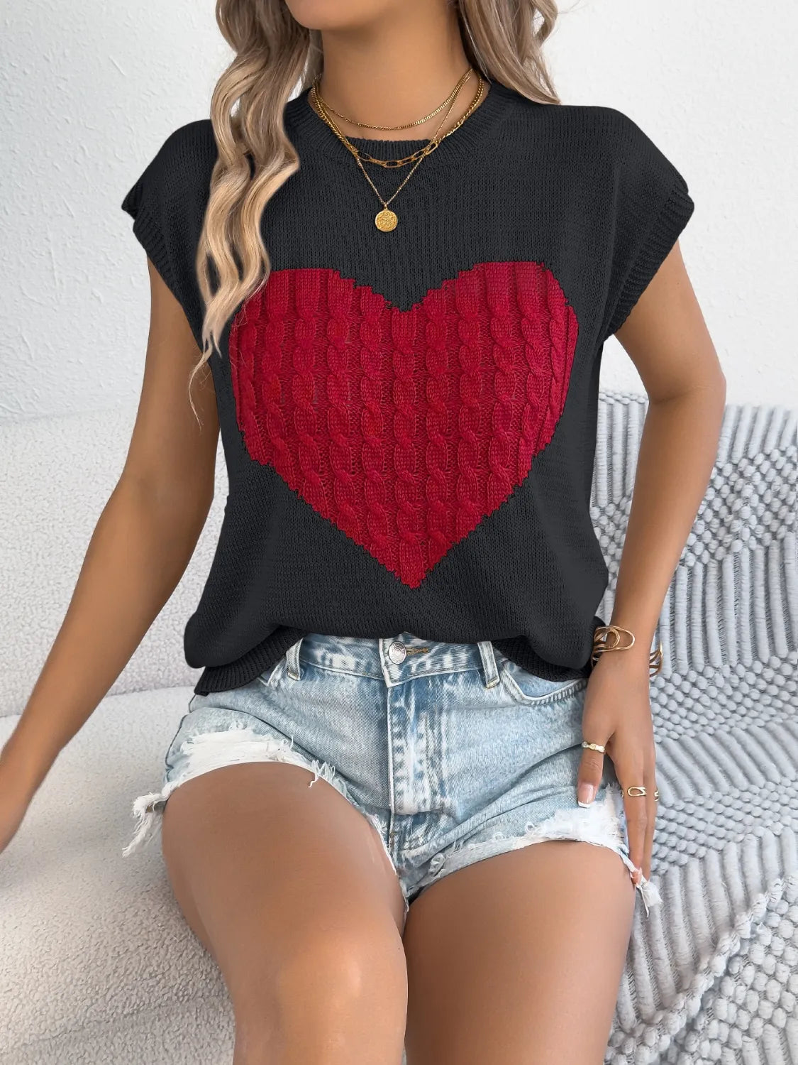 Cable Knit Heart Round Neck Cap Sleeve Knit Top – Trendsi | ClozArt