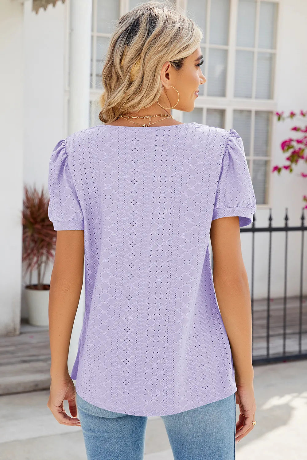 Eyelet Puff Sleeve T-Shirt – Trendsi | ClozArt