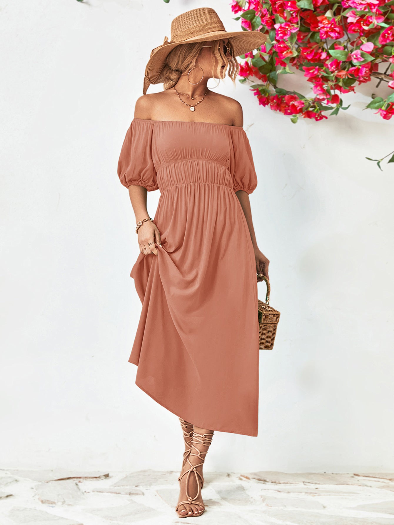 Off-Shoulder Balloon Sleeve Midi Dress – Trendsi | ClozArt