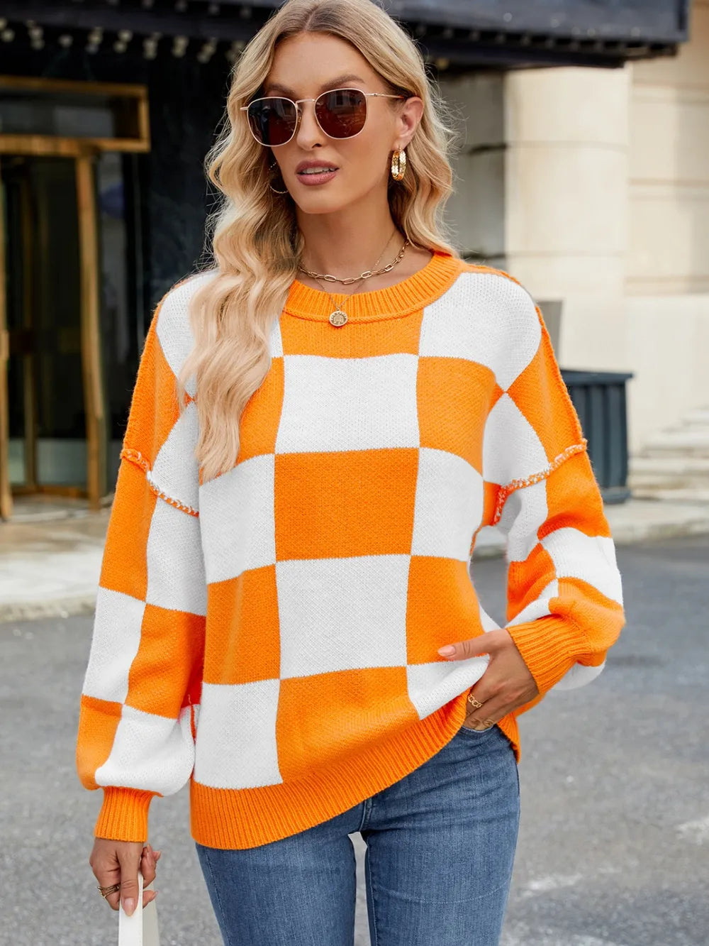 Checkered Round Neck Long Sleeve Sweater – Trendsi | ClozArt